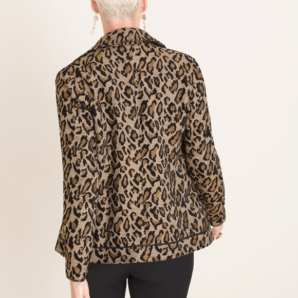 43. Chicos leopard print leather trim gold zipper US size 10-12 Moto type Jacket - Picture 9 of 11